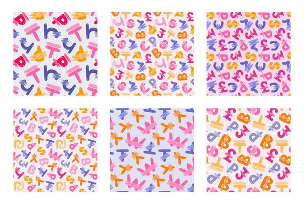 Bundle of playful simple seamless pattern with international currency symbols. Bright background with hand drawn doodle of money signs in naive style for wrapping paper, background, fabric, scrapbook.