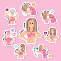 Big set of stickers of hair care process for Curly Girl Method for planners, notebooks. Ready for print list of cute stickers. Curly hair routine in steps for curly, wavy and frizzy hair. vector