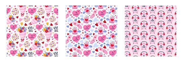 Set of romantic seamless pattern for Valentine's day. Simple print with hand drawn doodles about romance and love . Cute wallpaper print for fabric design for 14 February. Creative background vector