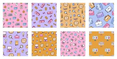 Set of simple seamless pattern with business doodles. Cute print with hand drawn clipart about money, finances, marketing, analyzing, teamwork, education. Cool wallpaper print for trendy fabric design vector