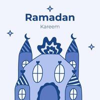 Poster for Ramadan Kareem in childish naive style. Islamic greeting card with mosque, moon crescent, stars in the sky. Template for banner, website design, media for Ramadan month events vector