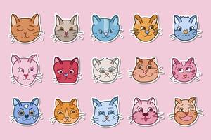 Set of stickers with cute cat faces for planner, notebook. Ready for print list of trendy stickers. Beautiful kitten with different emotions. Sad cat. Smiley face. Funny isolated vector illustration