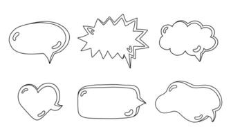 Hand drawn speech bubbles set. Empty online chat clouds in the different shapes. Oval, round, square, cloud, heart shaped bubbles for text, talk phrases, information. Doodles isolated on background. vector