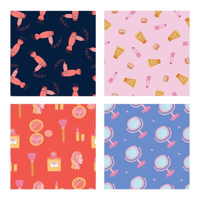 Set of simple seamless pattern with woman cosmetic products. Cute print with hand drawn doodles about skincare. Cool wallpaper print for trendy fabric design. Creative beauty background.