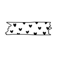 Cute doodle washi tape stripe with heart pattern. Adhesive tape with black and white ornament. Aesthetic decorative scotch tape with ragged edges for scrapbook, planner, notebook, craft vector