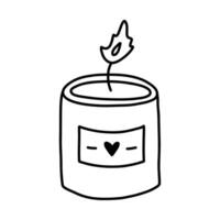 Cute doodle of burning aroma candle with label. Trendy wax candle for spa therapy, relaxation, romance, hygge home decoration. Simple clipart with hand drawn outline isolated on white vector