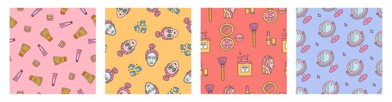 Set of simple seamless pattern with woman cosmetic products. Cute print with hand drawn doodles about skincare. Cool wallpaper print for trendy fabric design. Creative beauty background. vector