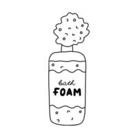 Cute doodle bottle of bath foam shampoo. Blue bath and shower cosmetic for aromatic bathe with bubbles. Plastic bottle of foam for relaxation. Simple clipart with hand drawn outline isolated on white vector