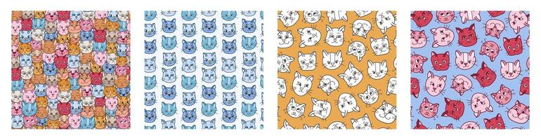 Set of simple seamless pattern with cat's faces close up with different emotions. Cute print with hand drawn doodle kitten. Cute wallpaper print for trendy fabric design. Creative background vector