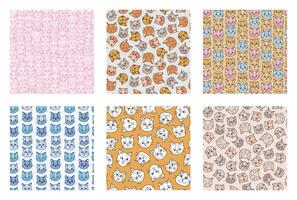 Set of simple seamless pattern with cat's faces close up with different emotions. Cute print with hand drawn doodle kitten. Cute wallpaper print for trendy fabric design. Creative background vector