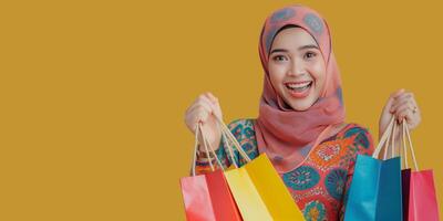 ai generado sonriente mujer con compras pantalones vistiendo un hijab foto