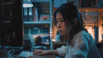 AI generated Stressed Young Woman Facing Deadline on Laptop at Night photo