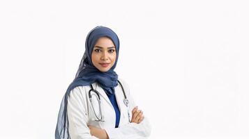 ai generado médico cuidado de la salud profesional en hijab con estetoscopio foto