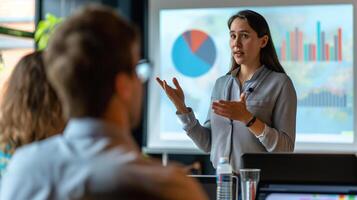 AI generated Hispanic Female Senior Data Scientist Analyzing Risk Management Data on Large Screen in Corporate Office photo