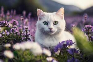 ai generado un blanco gato con verde ojos sentado en un rock en un campo de púrpura flores foto