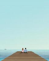 Couple of lover sitting on the pier have tropical blue sea and blue sky background vector illustration. Honeymoon concept illustrate poster vertical shape have blank space.