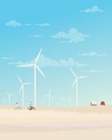 Man and woman riding bicycle together in countryside fields with wind turbines and blue sky background flat design vector illustration. Sustainable renewable green energy concept.