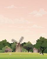 Old farm windmill and livestock in grass field have vanilla sky background have blank space. Countryside life concept vertical shape vector illustration.