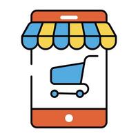 Icon of mobile shopping app, handcart inside smartphone vector