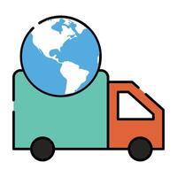 Globe on cargo truck, flat design of global delivery vector