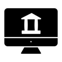 Bank building inside monitor, icon of online banking vector