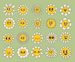 Collection of magnificent chamomile flowers. Retro daisy smiles in cartoon style. Set of happy 70s stickers. Vector graphic illustration in hippe style.