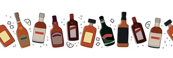 Various bottles of alcohol seamless border. Hand drawn alcohol bottles with doodle elements. Different shapes and colors of bottles in a row. vector