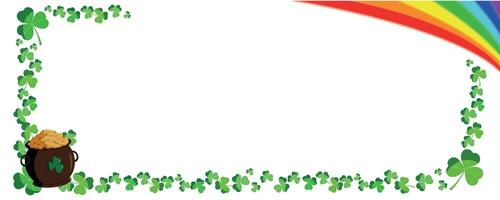 St. Patrick's Day banner template. Vector template with place for text with rainbow, pot of gold and shamrock frame. Green clover border, horizontal frame. Sample symbol of Ireland.