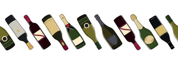 Various bottles of alcohol seamless border. Hand drawn alcohol bottles. Different shapes and colors of bottles in a row. vector