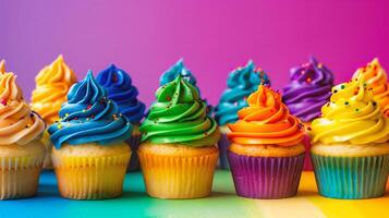 AI generated Colorful cupcakes with buttercream frosting on colorful background. photo