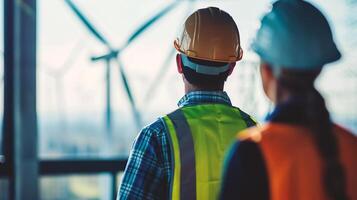 AI generated Rear view of engineer and architect looking at wind turbine at construction site photo