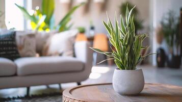AI generated Flower pot on wooden table in modern living room. Blurred background photo