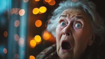 ai generado sorprendido mayor mujer mirando mediante el ventana a Navidad luces foto