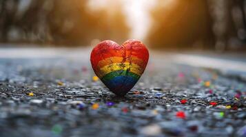 AI generated Rainbow heart on a wet asphalt in the park. LGBT concept. photo