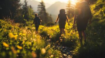 AI generated Back view of a group of friends walking in the mountains at sunset photo