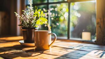 AI generated Coffee cup on the wooden table in the morning at home photo