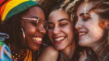 AI generated Group of young women having fun at hippie party. Multiethnic group of friends. photo