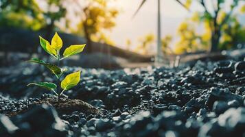 AI generated Green sprout growing on black soil with sunlight background. Ecology concept photo