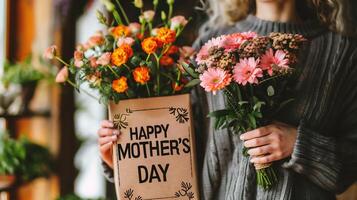 AI generated Happy Mother's Day. A girl holds a bouquet of flowers in her hands. photo
