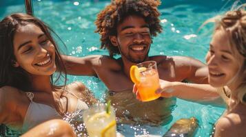 ai generado grupo de amigos teniendo divertido en nadando piscina y Bebiendo cócteles a recurso foto