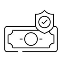 Secure payment icon, linear design of shield with banknote vector