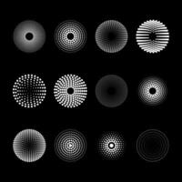 Abstract circles from dots fading to the center. Set of point spray or brush vector objects on a black background