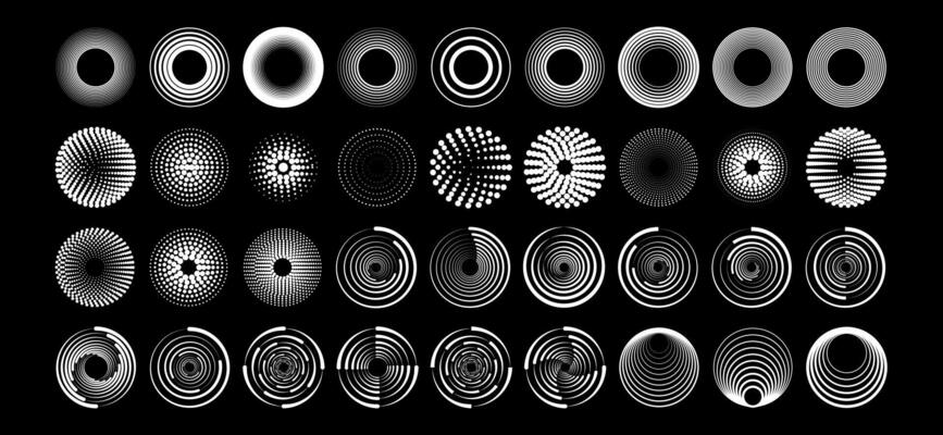 Set black thick halftone dashed speed lines. Design element for frame, logo, tattoo, web pages, prints, posters, template. Velocity lines in the shape of a circle. Geometric art.