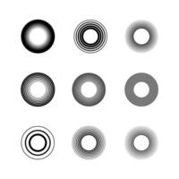 Black round linear halftone elements. Circular radial abstract logo templates. Vector illustration on black