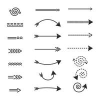 Arrows direction of movement, a set of black arrows of different shapes dotted twisted pointers landmarks. Vector elements isolate