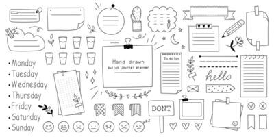 Set of hand drawn bullet journal elements. Doodle style doodles. Vector illustration