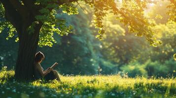 ai generado joven mujer leyendo un libro en el parque a puesta de sol. hermosa naturaleza antecedentes. foto