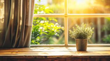 AI generated Vase of flowers on wooden table in front of window with sunlight photo