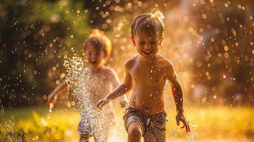 ai generado contento familia jugando con agua y teniendo divertido en el verano jardín foto