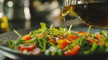 ai generado de cerca de torrencial aceituna petróleo desde botella dentro plato con ensalada foto